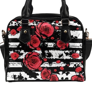 Stripes and Roses Handbag, Edgy Goth Floral Fashion Purse, Cute Red Rose Black White Striped Shoulder Bag, Alt Modern Elegant