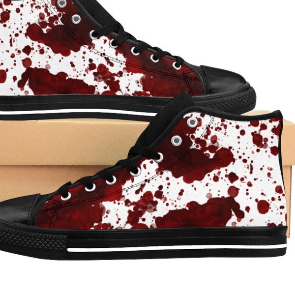 Bloody Shoes, Mens Blood Stained Halloween Costume Sneakers, Splattered Soaked Dripping, Horror Terror Gothic Goth Vampire Canvas High Tops