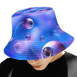 Trippy Weird Bucket Hat, Surreal Eyeball Cap, Tripped Out Psychedelic Acid Trip Clothing, Hippie Stoner Rave Wear