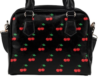Black Red Cherry Handbag Shoulder Bag Rockabilly Purse Cute Leather Gift  Idea Psychobilly Girlfriend Old School Retro Classic 50s Fashion