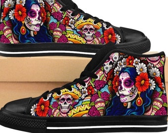 Mens Dia De Los Muertos Shoes Halloween Sneakers Day of the Dead All Hallows Eve Goth Pin Up Rockabilly Psychobilly Sugar Skull Old School