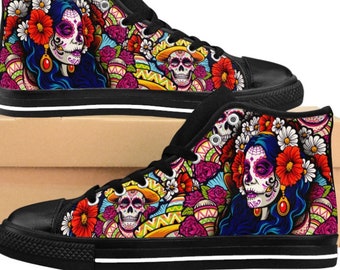 Women Dia De Los Muertos Shoes Halloween Sneakers Day of the Dead All Hallows Eve Goth Pin Up Rockabilly Psychobilly Sugar Skull Old School