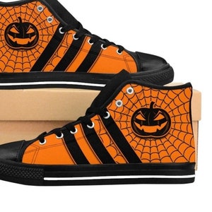 Mens Halloween Shoes, Orange Black Pumpkin Sneakers Spiderweb Creepy Spooky Classic High Tops, All Hallows Eve, Spoopy Jack o Lantern