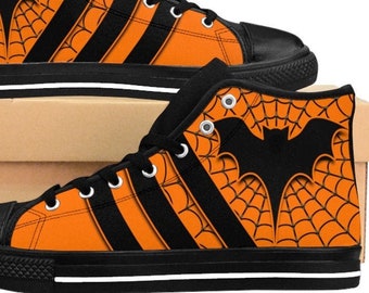 Halloween Shoes, Orange Black Costume Sneakers Spiderweb Bat Creepy Spooky  Classic Canvas High Tops, All Hallows Eve, Retro Mens Outfit