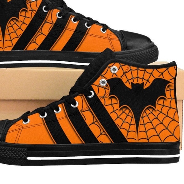 Halloween Shoes, Orange Black Costume Sneakers Spiderweb Bat Creepy Spooky Classic Canvas High Tops, All Hallows Eve, Retro Mens Outfit