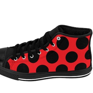 Womens Ladybug Sneakers Adult Lady Bug Costume Shoes Red Black Polka Dots Dotted High Tops Hightops Cute Gift Ideas for Insect Lovers