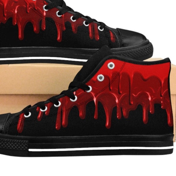 Dripping Blood Shoes, Mens Bloody Splattered Sneakers, Gothic Goth Vampire Halloween Costume Alt Edgy Occult Horror Creepy High Tops