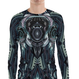 Futuristic Scifi Armor Shirt, Cyberpunk Space Suit Anime Cosplay Cyborg Robot Costume, Alien Dystopian Cybergoth High Tech Outfit Rash Guard