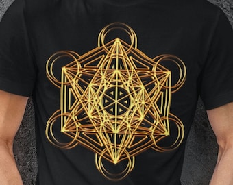 Sacred Geometry Shirt Metatrons Cube Geometric Egyptian Outfit Festival Wear Spiritual Symbols Techno Hippie Psytrance Tribal Gold Edm