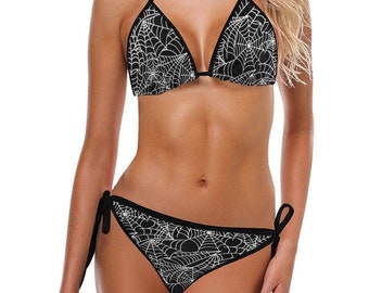 Spiderweb Bikini Black White Goth Gothic Swimsuit Swimwear Spider Outfit Witchy Wicca Alt Halloween Vampire Costume Dark Creepy Horror Evil