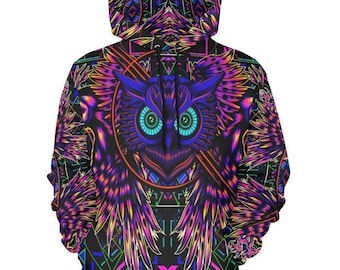Rave Hoodie, Psychedelic Trippy Owl Psytrance Sweater, Edm Clothing Outfit Sweatshirt Pullover Long Sleeve, Lightweight, Stretchy
