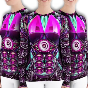 Womens Cyberpunk Armor Shirt Scifi Anime Cosplay Space Suit Costume, Futuristic Future Robot Cyborg Ninja Dystopian Rash Guard Cybergoth