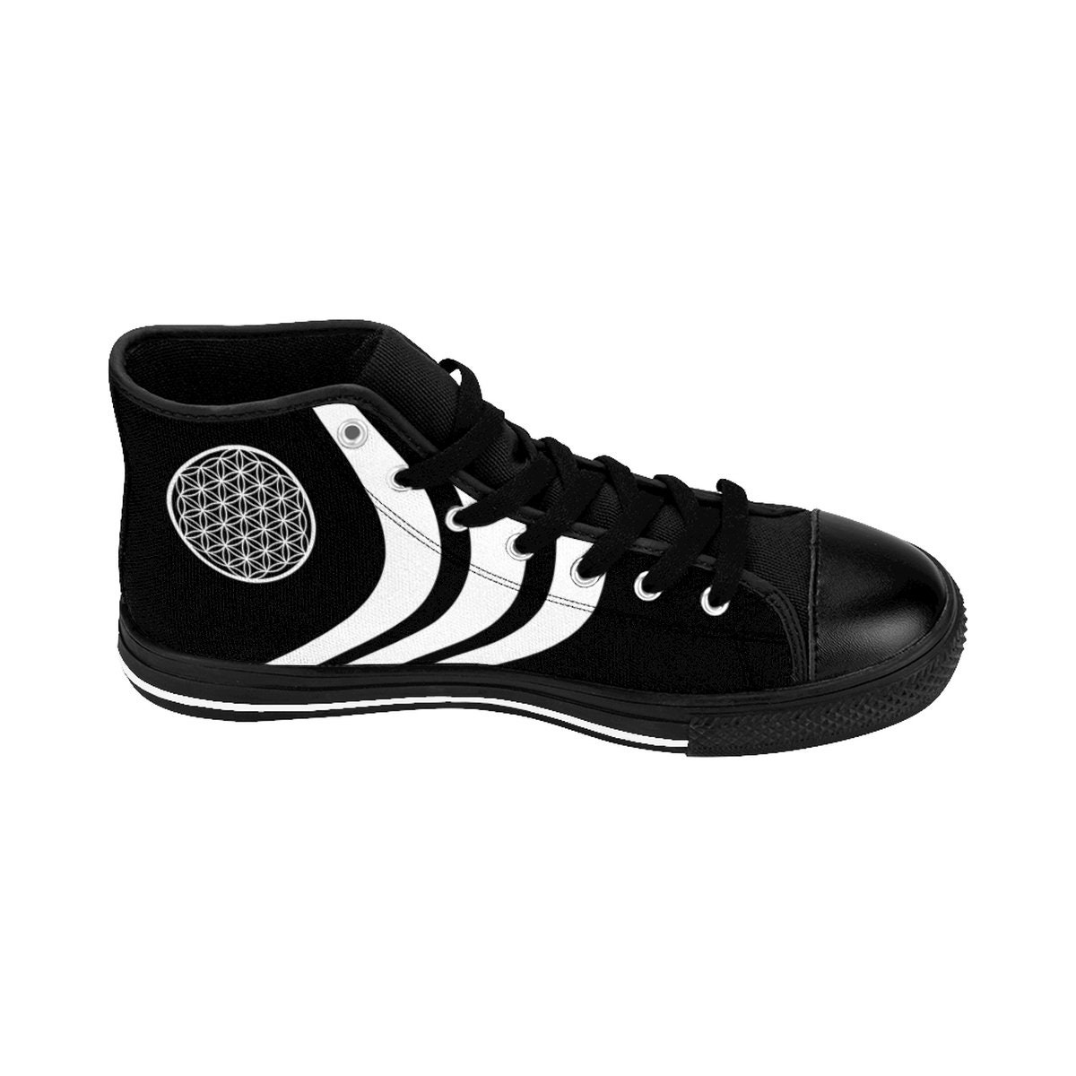 Sacred Geometry Flower of Life Shoes, Canvas Sneakers, Mens Festival Outfit Geometric Black and White Techno Rave Clothing Psytrance Edm