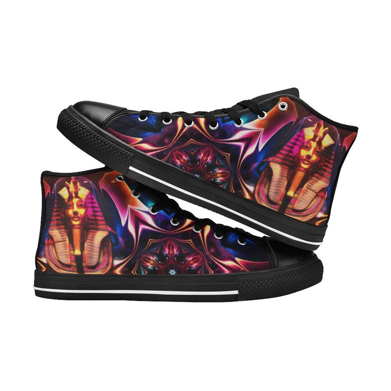 Pharaoh Shoes, King Tut Rave Sneakers Festival Sacred Geometry Hi-Tops EDM Egyptian Gods Tutankhamen Trippy Fractal Psychedelic Anubis Horus image 3