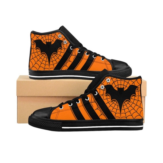 Halloween Shoes Orange Black Costume Sneakers Spiderweb Bat Creepy Spooky Classic Canvas High Tops All Hallows Eve Retro Mens Outfit Etsy