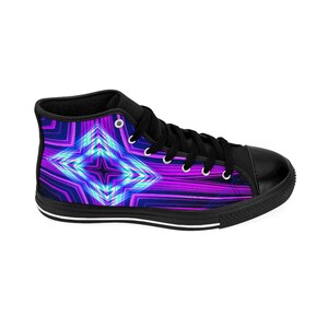 May include: High-top canvas sneakers with a black sole and a purple and blue geometric pattern.
