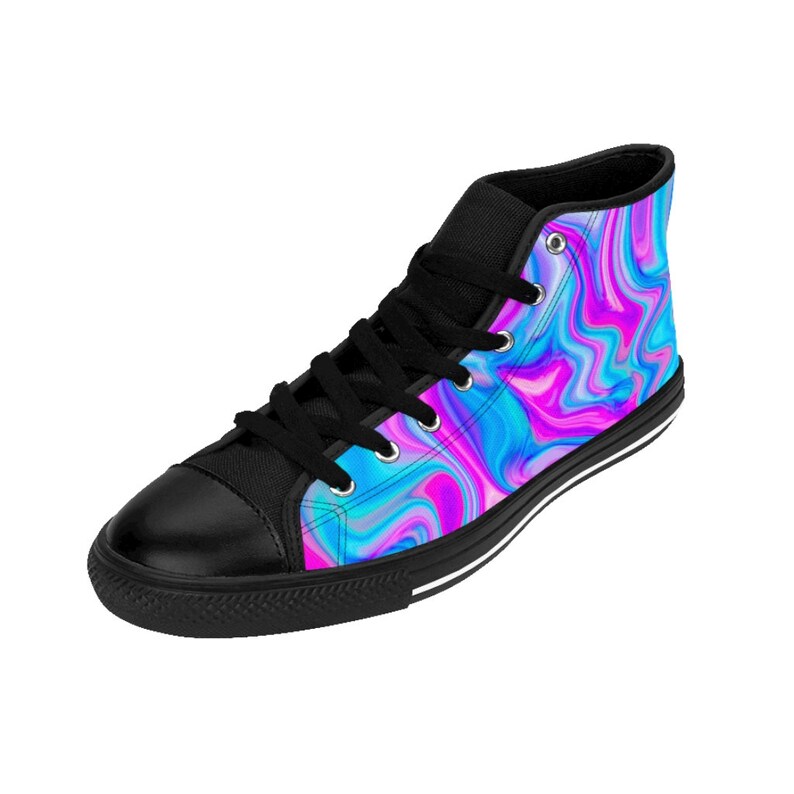 Womens Colorful Rave Shoes Trippy Pink Blue Cute Psychedelic Cotton Candy High Tops Swirling Marbled Paint Sneakers Vibrant Abstract Fashion