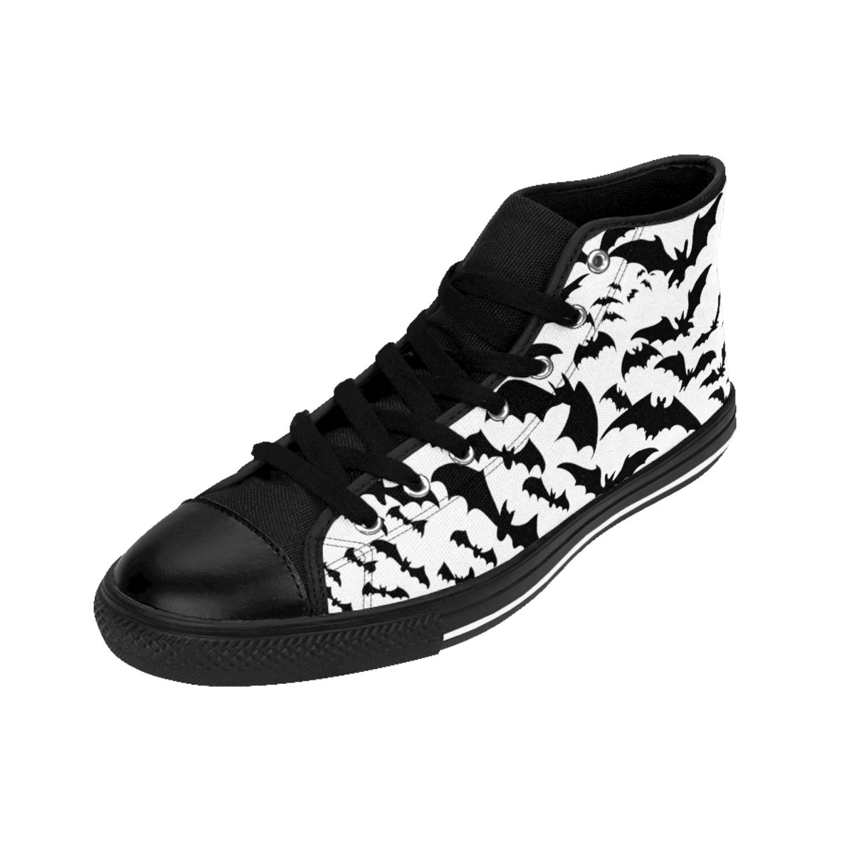 Mens Goth Shoes Bat Pattern Sneakers Batty Creepy Dark Aesthetic Footwear Alt Edgy Black White Vampire Gothic High Tops Macabre Gift Idea
