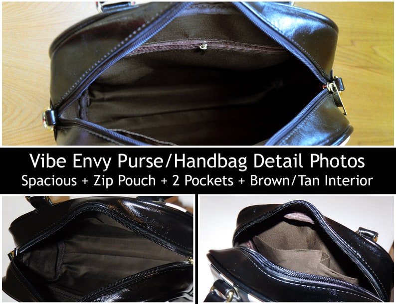 May include: A black faux leather purse with a zippered closure and a brown interior. The purse has a zippered pouch and two pockets inside.