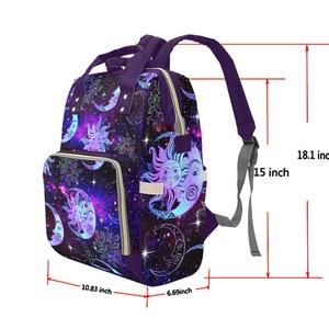 May include: Purple and blue galaxy print diaper bag backpack with multiple pockets and adjustable straps. The bag measures 18.1 inches tall, 15 inches wide, 10.83 inches long, and 6.69 inches deep.