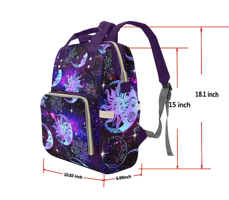 May include: Purple and blue galaxy print diaper bag backpack with multiple pockets and adjustable straps. The bag measures 18.1 inches tall, 15 inches wide, 10.83 inches long, and 6.69 inches deep.