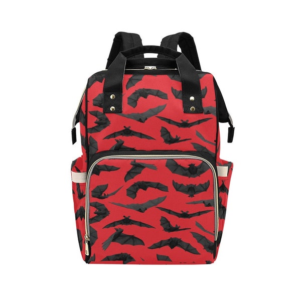 Goth Diaper Bag Backpack Red Black Bats Insulated Travel Drink Cooler Gothic Baby Shower Gift Idea Mom Dad New Parent Newborn Infant Toddler