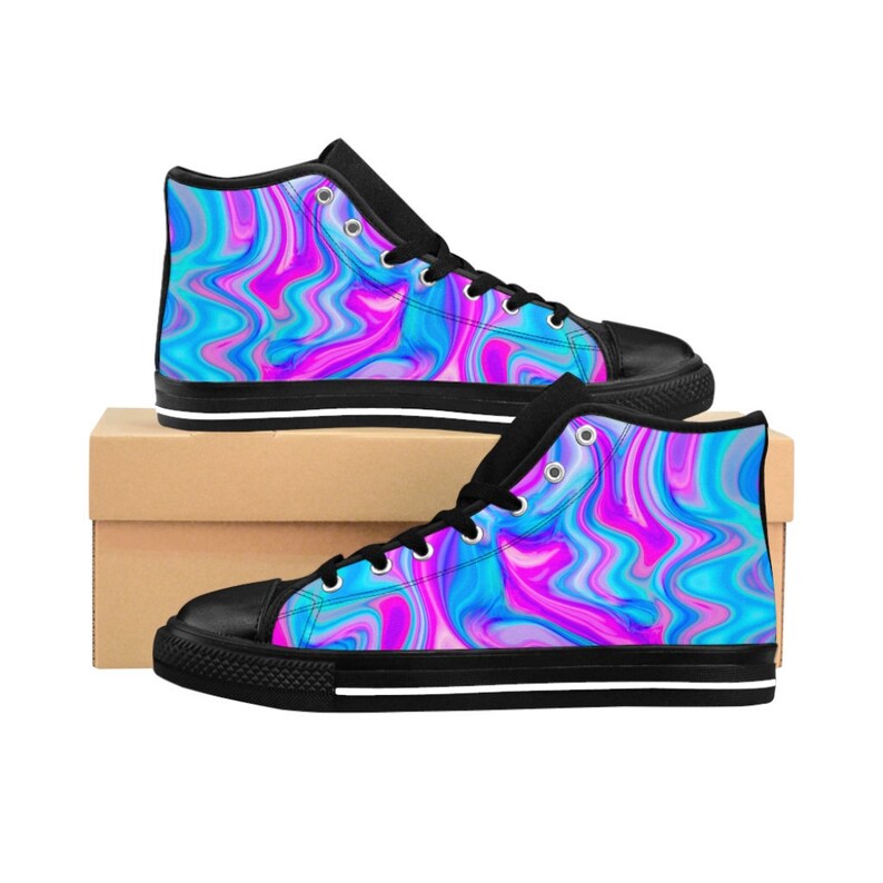 Womens Colorful Rave Shoes Trippy Pink Blue Cute Psychedelic Cotton Candy High Tops Swirling Marbled Paint Sneakers Vibrant Abstract Fashion