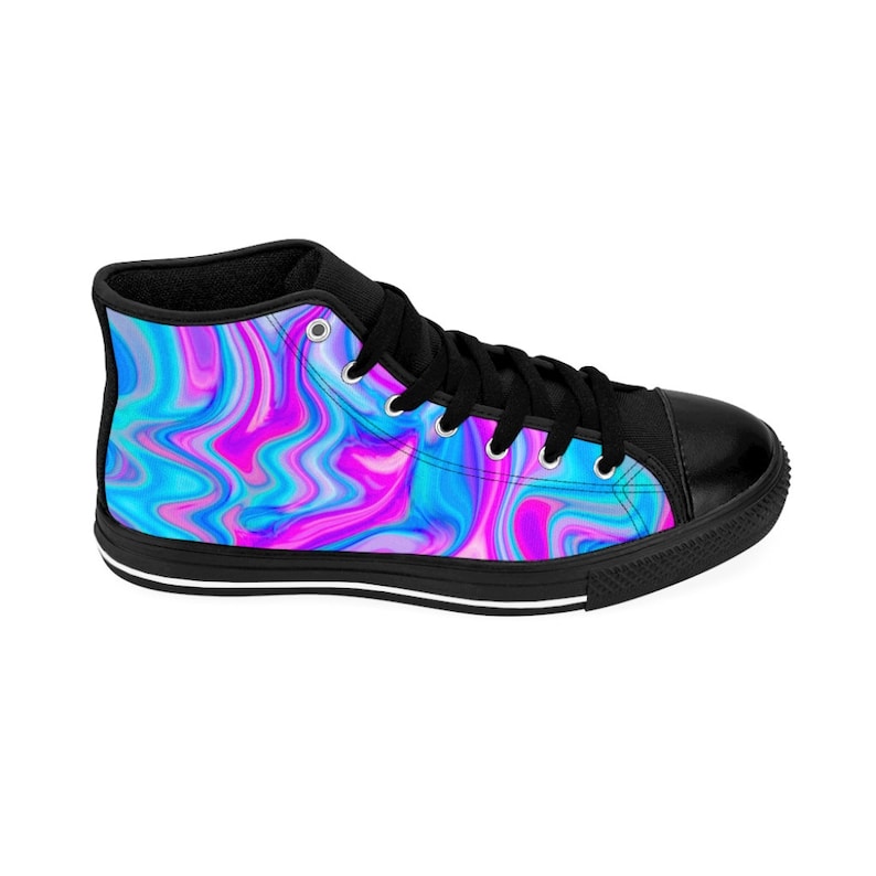 Womens Colorful Rave Shoes Trippy Pink Blue Cute Psychedelic Cotton Candy High Tops Swirling Marbled Paint Sneakers Vibrant Abstract Fashion