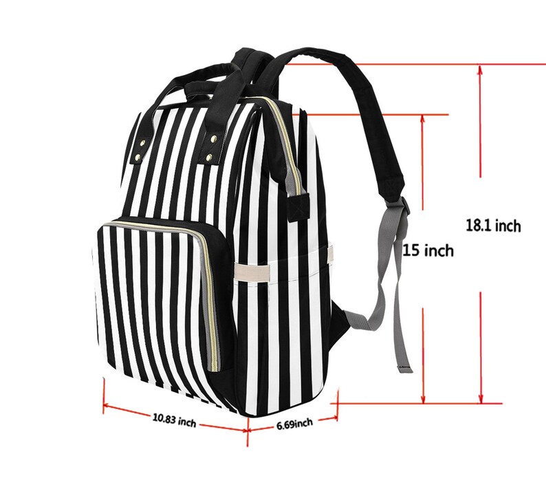May include: Black and white striped backpack with a front pocket and two side pockets. The backpack is 18.1 inches tall, 15 inches wide, 10.83 inches deep, and 6.69 inches thick. It has black straps and a top handle.