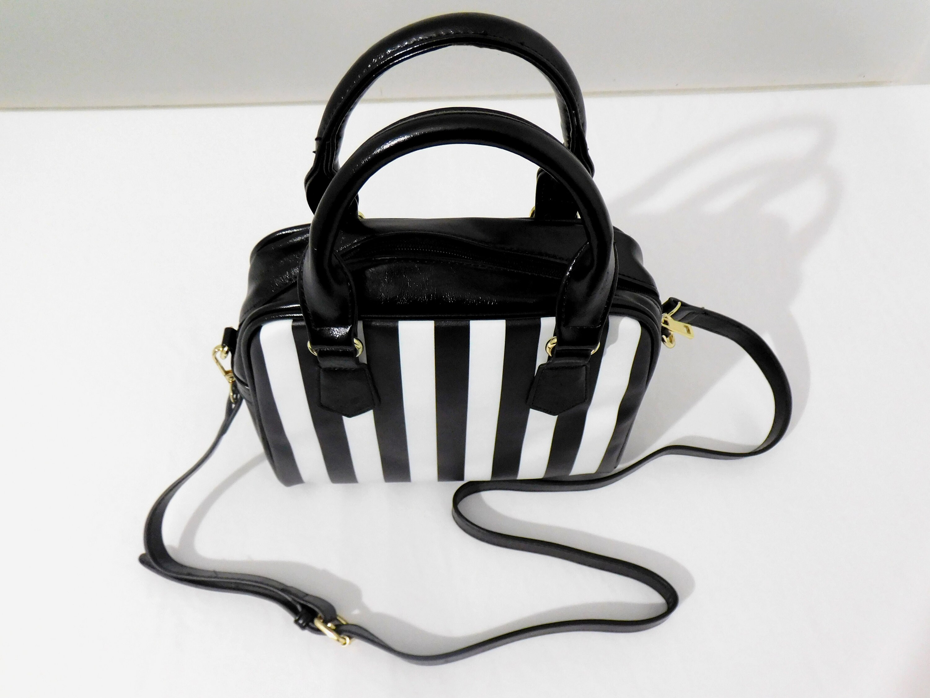 Black and White Striped Purse Handbag, Pinstripe Stripes Vertical Print Small Mini Shoulder Bag Vegan Leather Women Designer Crossbody