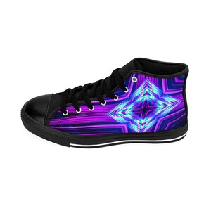May include: Black high-top canvas sneakers with a purple and blue geometric pattern. The pattern features a large, bright blue diamond shape in the center.