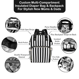 May include: A black and white striped diaper bag and backpack with multiple compartments. Features include insulated bottle pockets, mesh pockets, and purse handles. The bag is made of durable, waterproof material. Text on the image reads: Custom Multi-Compartment Insulated Diaper Bag & Backpack.