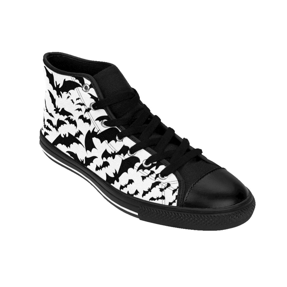 Mens Goth Shoes Bat Pattern Sneakers Batty Creepy Dark Aesthetic Footwear Alt Edgy Black White Vampire Gothic High Tops Macabre Gift Idea