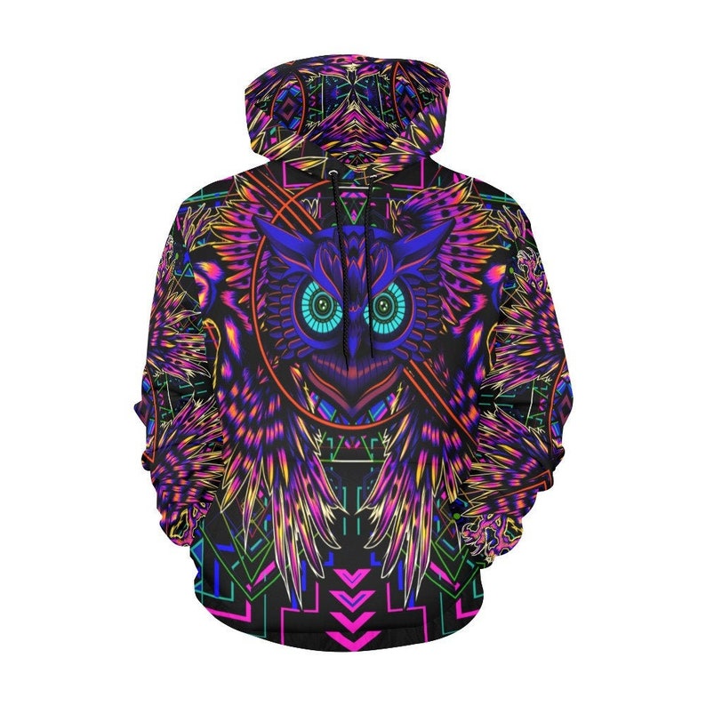 Rave Hoodie, Psychedelic Trippy Owl Psytrance Sweater, Edm Clothing Outfit Sweatshirt Pullover Long Sleeve, Lightweight, Stretchy zdjęcie 1