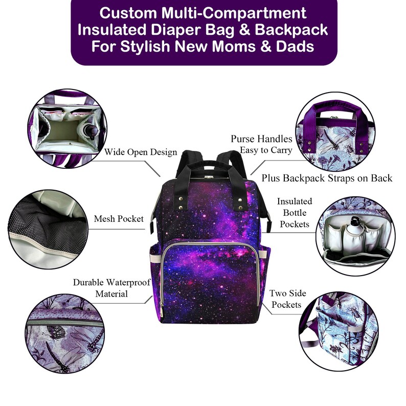 Pode incluir: Uma mochila de fraldas com estampa de gal&aacute;xia roxa e preta com v&aacute;rios bolsos, incluindo bolsos isolados para garrafas, um bolso de malha e dois bolsos laterais. A mochila tem um design de abertura ampla, al&ccedil;as de bolsa e al&ccedil;as de mochila.