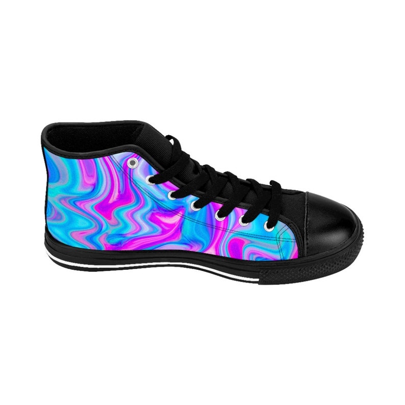 Womens Colorful Rave Shoes Trippy Pink Blue Cute Psychedelic Cotton Candy High Tops Swirling Marbled Paint Sneakers Vibrant Abstract Fashion