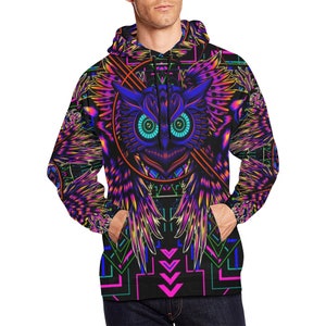 Rave Hoodie, Psychedelic Trippy Owl Psytrance Sweater, Edm Clothing Outfit Sweatshirt Pullover Long Sleeve, Lightweight, Stretchy zdjęcie 3