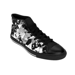 May include: Black and white high-top canvas sneakers with a geometric pattern. The shoes have black laces and a black rubber sole.