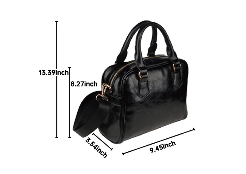 Puede incluir: Bolso de mano de cuero negro con asa superior y correa de hombro desmontable. El bolso mide 34 cm de alto, 24 cm de ancho y 21 cm de profundidad.