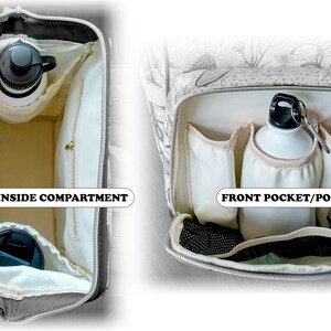 May include: Open backpack interior with multiple compartments and pockets. The inside compartment holds a water bottle and a tumbler. The front pocket/pouch has a water bottle. The bag is beige and black.