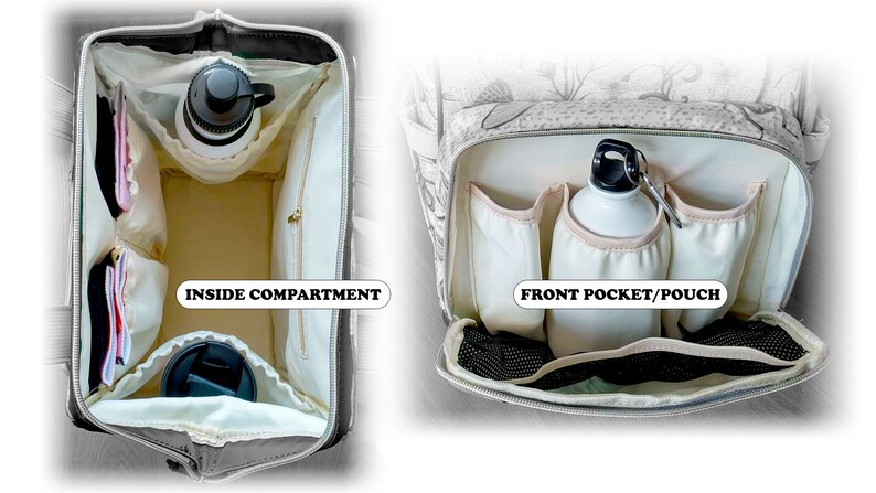 May include: Open backpack interior with multiple compartments and pockets. The inside compartment holds a water bottle and a tumbler. The front pocket/pouch has a water bottle. The bag is beige and black.