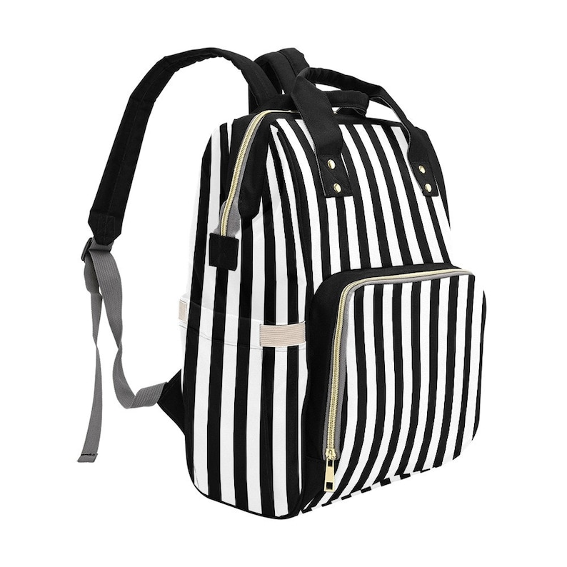 May include: A black and white striped backpack with a front pocket and gold zippers. The backpack has black shoulder straps and a top handle. The bag is designed with vertical stripes.