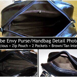 Puede incluir: Un bolso de mano de imitaci&oacute;n de cuero negro con cierre de cremallera. El bolso tiene un interior marr&oacute;n y beige con una bolsa con cremallera y dos bolsillos. El texto "Vibe Envy Purse/Handbag Detail Photos Spacious + Zip Pouch + 2 Pockets + Brown/Tan Interior" es visible en la parte inferior de la imagen.