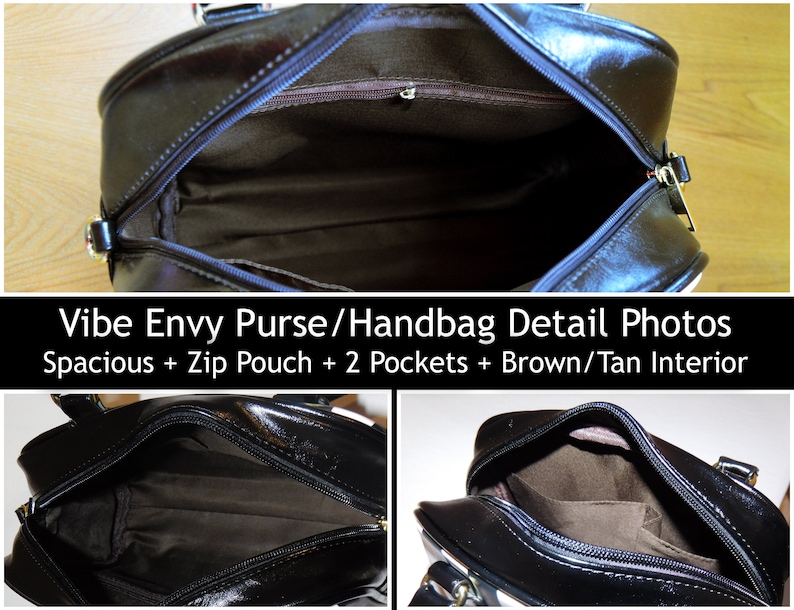 Puede incluir: Un bolso de mano de imitaci&oacute;n de cuero negro con cierre de cremallera. El bolso tiene un interior marr&oacute;n y beige con una bolsa con cremallera y dos bolsillos. El texto "Vibe Envy Purse/Handbag Detail Photos Spacious + Zip Pouch + 2 Pockets + Brown/Tan Interior" es visible en la parte inferior de la imagen.