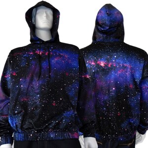 May include: A black hooded sweatshirt with a galaxy print featuring blue, purple, and pink colors. The print is a full-coverage design with a starry night sky pattern.