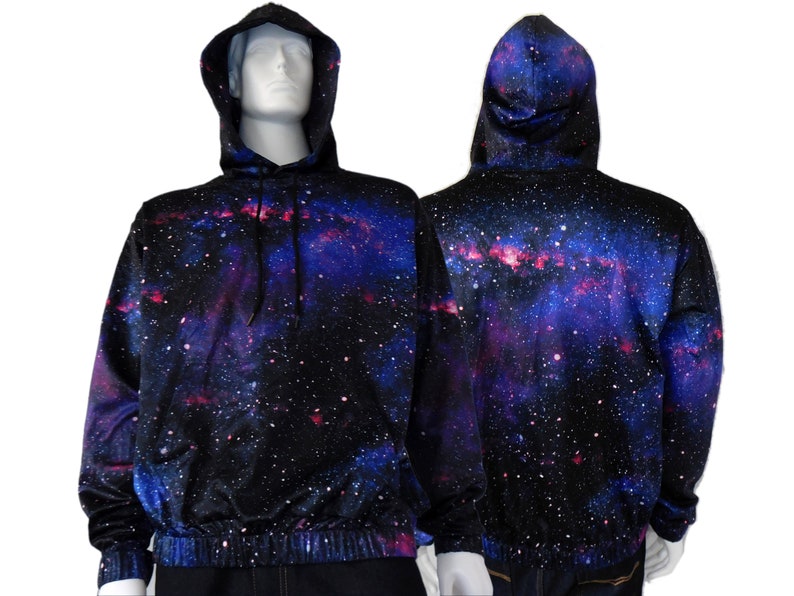 May include: A black hooded sweatshirt with a galaxy print featuring blue, purple, and pink colors. The print is a full-coverage design with a starry night sky pattern.