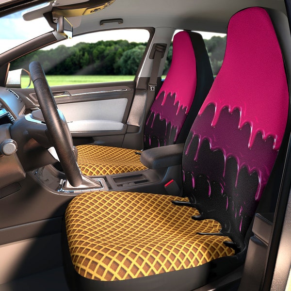 Melting Ice Cream Car Seat Covers Alt Goth Dripping Waffle Cone Oozing Pink Purple Black Slime Kawaii Harajuku Fun Colorful Gothic Edgy Cute
