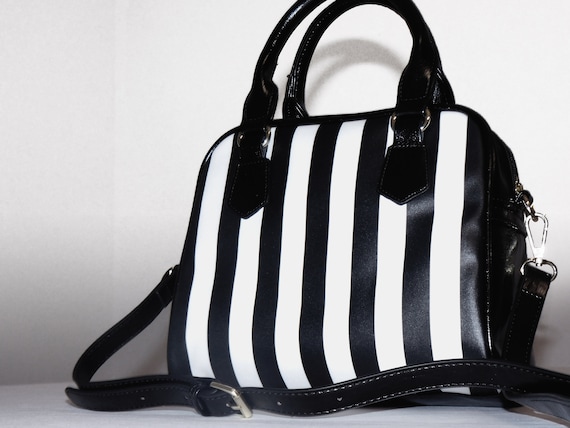 Black and White Striped Purse Handbag, Pinstripe Stripes Vertical Print Small Mini Shoulder Bag Vegan Leather Women Designer Crossbody