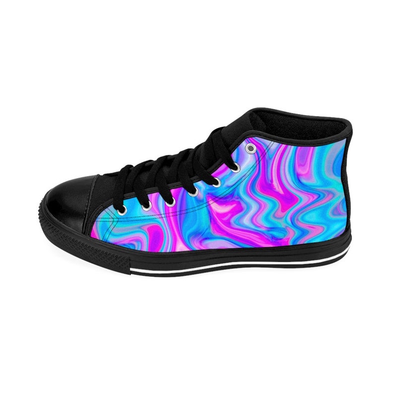 Womens Colorful Rave Shoes Trippy Pink Blue Cute Psychedelic Cotton Candy High Tops Swirling Marbled Paint Sneakers Vibrant Abstract Fashion