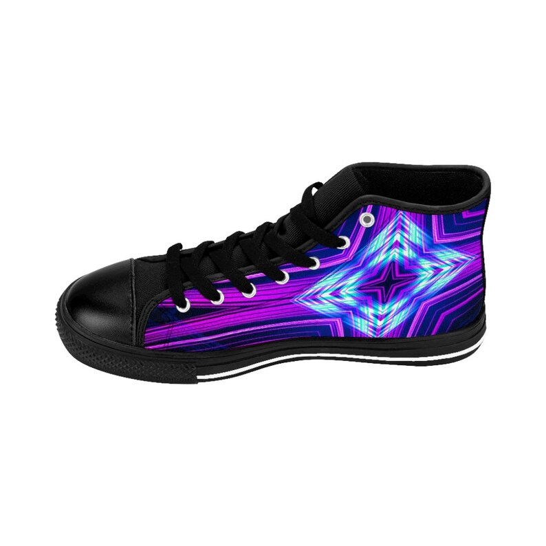 May include: High-top sneakers with a black canvas upper and a white sole. The shoes feature a colorful abstract design with shades of blue, purple, and pink.